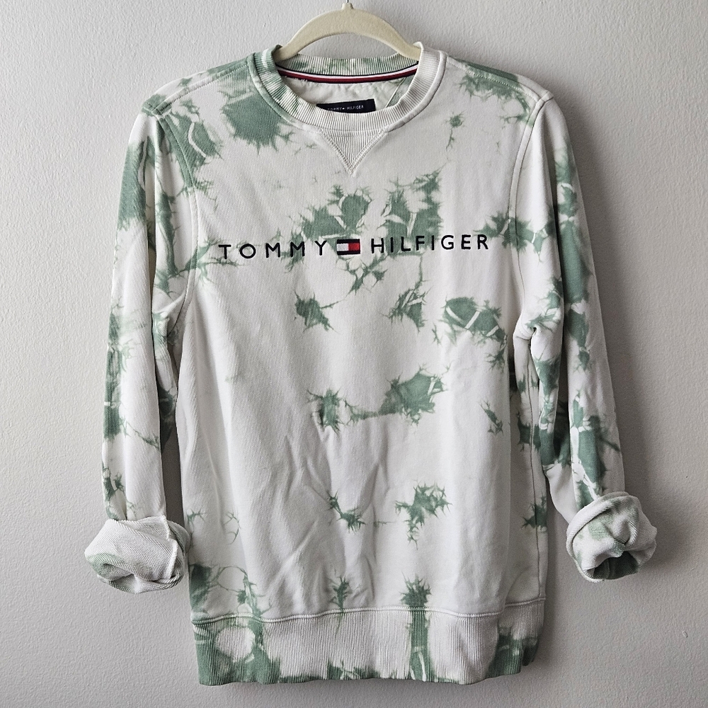 Tommy Hilfiger Men's XS Tie Dye Sweatshirt Green White Crewneck Pullover Flaw